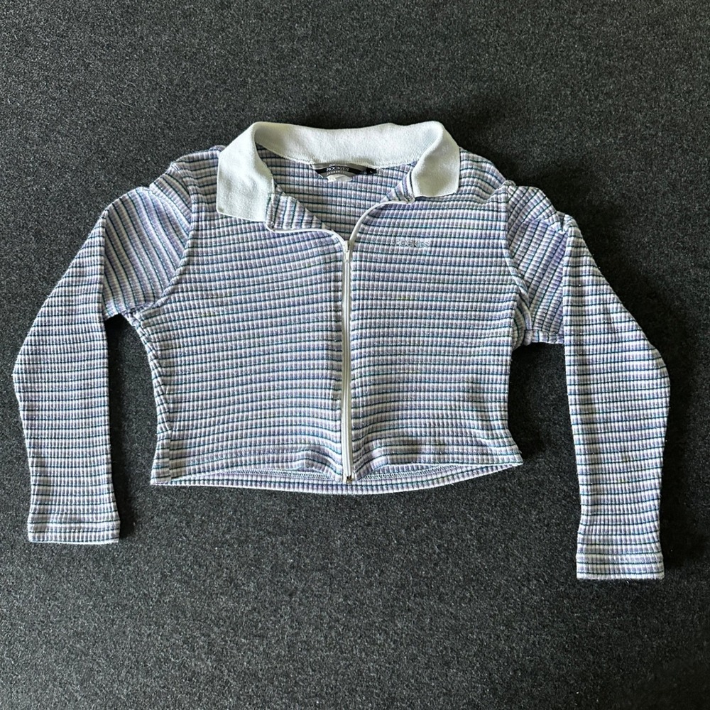Rockies Jeanswear Womens Vintage Striped Full Zip Ribbed Polo Top Purple Blue L